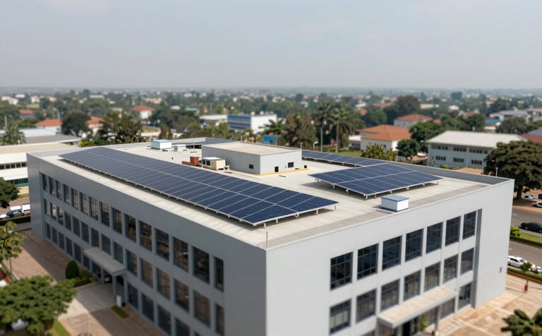 A wide-angle shot of a large commercial building in Abuja with a sophisticated solar array installation on the roof. The image is crisp and professional, using high-tech aesthetics and a palette featuring #0F1D2C and #F4F8F7 to signify industrial-grade reliability.
