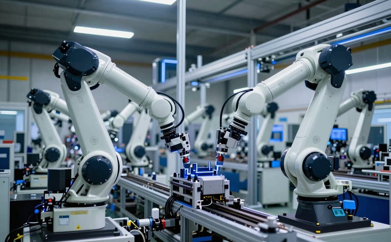 Wide-angle view of a state-of-the-art automated assembly line in a Latin American / Spanish-speaking manufacturing plant. Integrated robotic arms move with precision under cool white and electric blue lighting. The environment is clean and professional, showcasing high-level Industry 4.0 technology.