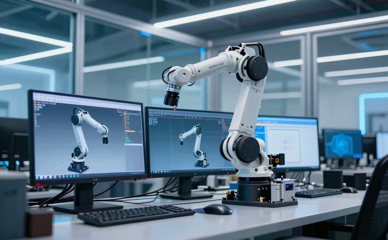 Cinematic shot of a professional engineering studio in a Latin American / Spanish-speaking industrial park. A high-tech workstation shows a complex 3D CAD model of a robotic arm on multiple glowing monitors. Lighting is dominated by neon blue and white tones reflecting off clean glass. Sharp focus, high-tech engineering style.