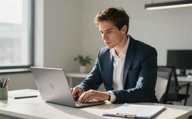 A professional North American growth marketer in a sunlit modern office, focused on a laptop screen with a clean workspace, wearing sophisticated business casual attire, minimalist setting, steel blue and off-white color palette.