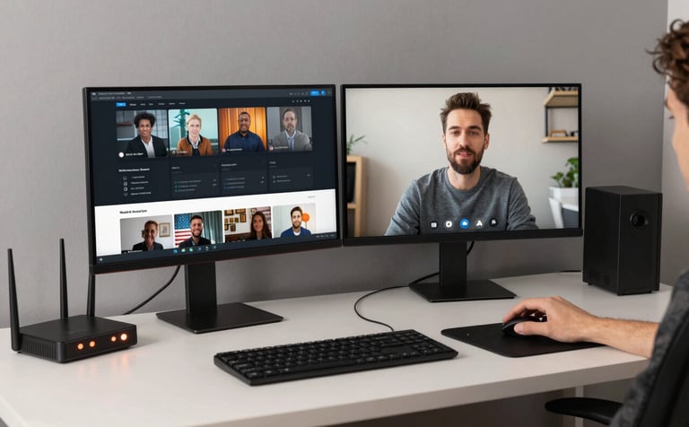 A young North American / US professional at a clean, modern desk with a multi-monitor setup in a home office. One screen shows high-definition streaming content while the other shows a video call. A high-tech router with glowing coral orange indicators is visible. The room uses a medium grey and soft off-white palette.
