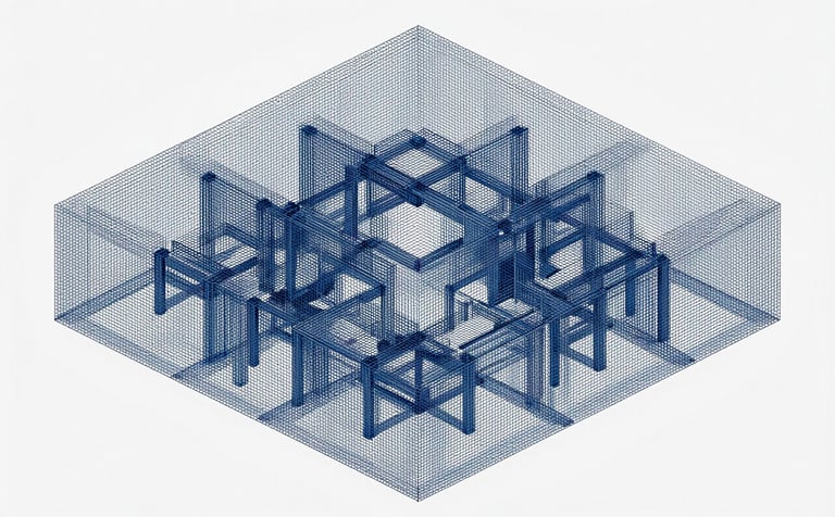 A precise architectural wireframe or grid pattern representing reliability and structural modularity. Minimalist and professional style. The lighting is subtle, with shadows providing depth. Colors are #1A2E3D and #6B8FA2 on a #F7F9FA background, suggesting a rock-solid infrastructure.