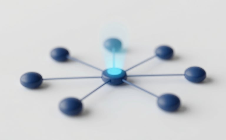 A technical visualization of data synchronization showing interconnected nodes and soft, pulsing lines of connectivity. The composition is balanced and elegant. The palette includes #6B8FA2 and #1A2E3D, set against a neutral, calm background, emphasizing technical precision.