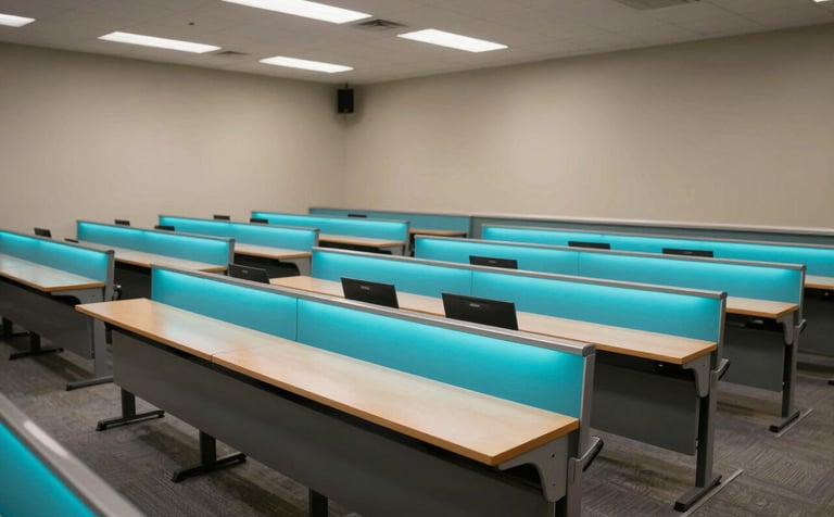 Photography of a clean, modern North American / US college lecture hall with integrated tech. Electric cyan lighting glows from the desks. Wide angle, sleek and professional atmosphere.