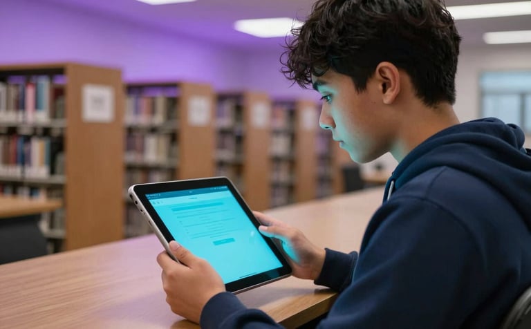 Photography of a student in a bright North American / US school library using a tablet showing a vibrant electric cyan interface. Soft purple ambient lighting in the background. High-tech, intelligent mood.