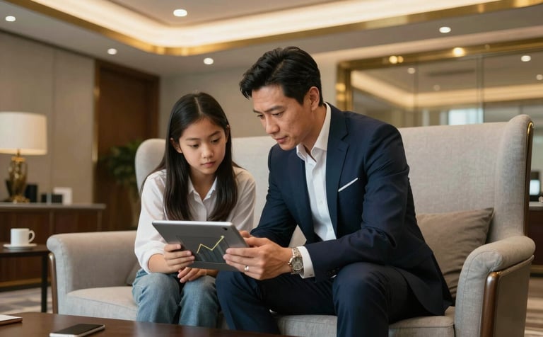 An empowering scene of a mentor and student in a luxurious North American / US office suite. They are reviewing growth charts on a tablet, surrounded by sophisticated navy and light gray furniture with warm gold lighting.