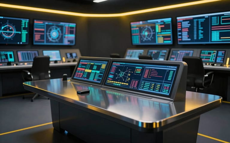 Cinematic photography of a high-tech digital control center. The environment is dominated by dark charcoal tones with glowing neon yellow light strips running along the edges of minimalist workstations. A sharp focus on a sleek metallic surface reflecting vibrant data visualizations.