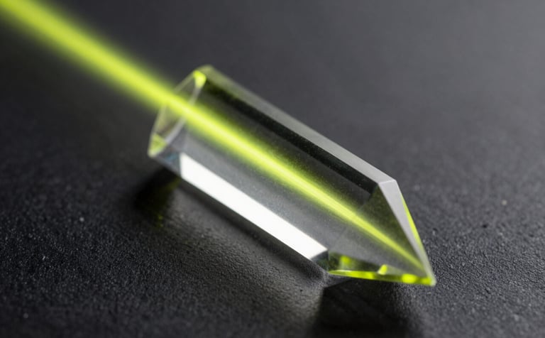Detailed macro photography of a glass prism on a black surface. A single beam of sharp neon yellow light passes through the prism, creating a brilliant, precise flare. The style is sleek, technical, and high-tech.