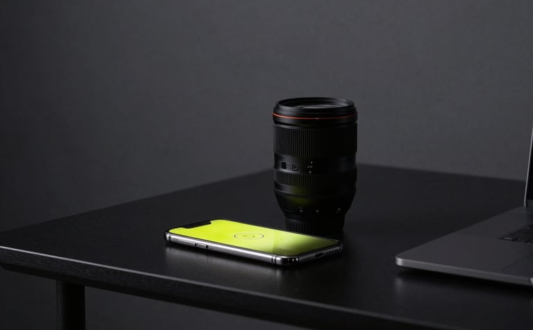 A minimalist, modern workspace with a matte black desk. On the desk sits a high-end camera lens and a glowing smartphone screen reflecting a neon yellow brand logo. The background is a soft-focus dark charcoal studio wall.