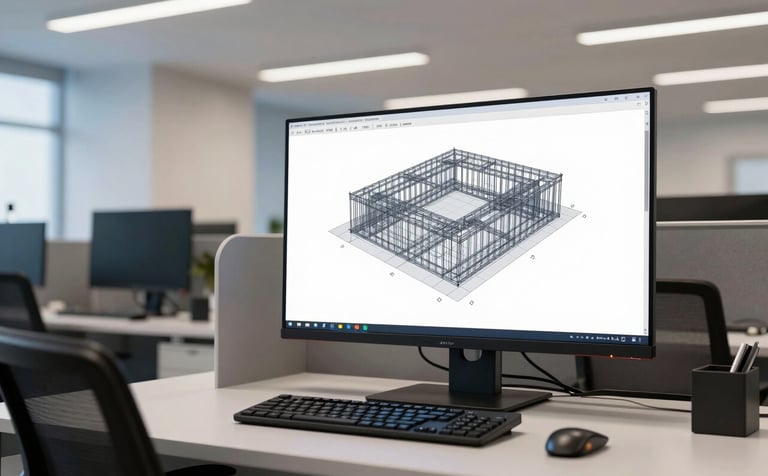 A wide shot of a modern computer workstation in a Brazilian engineering firm showing a 3D structural model on a large screen. The environment is professional and clean, with soft light blue and off-white accents in the architecture.