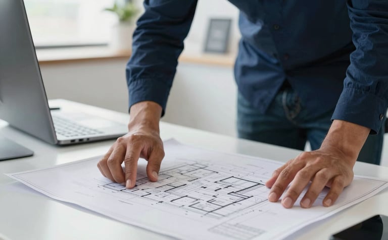 A close-up photograph of a professional engineer's hands reviewing a complex architectural blueprint on a clean, modern desk in a bright South American office. The lighting is natural and sharp, emphasizing precision. Elements of navy blue and medium blue are visible in the office decor.