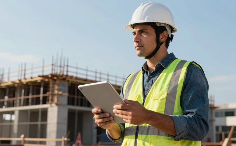 A medium shot of a professional engineer in a white hard hat and safety vest standing at a construction site in Brazil, holding a tablet and looking at the structure. The sun is bright, highlighting the trustworthiness and expertise. The sky is a clear light blue.