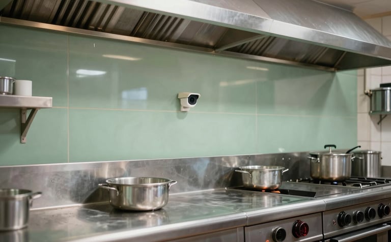 A high-end, modern restaurant kitchen in Marrakech. The focus is on pristine hygiene and stainless steel surfaces. Subtle pest monitoring stations are discreetly integrated. Lighting is bright and professional. Palette involves dewy mist and sage green.
