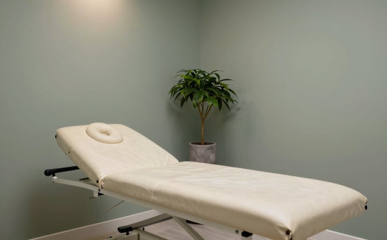 A professional and clean interior of a chiropractor clinic. A soft parchment treatment table sits in a room with muted sage walls. A small plant in a stone grey pot adds a touch of organic life. High-end, strategic atmosphere with soft, overhead lighting.