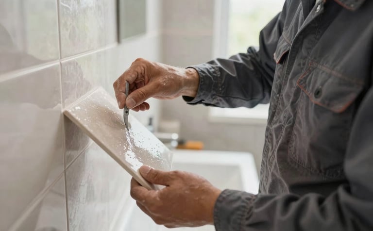 A close-up photograph of a professional tiler wearing a stone grey work shirt, meticulously placing a ceramic tile. The lighting is natural and bright, with a soft focus background of a modern bathroom. The color palette features deep slate and soft parchment tones.