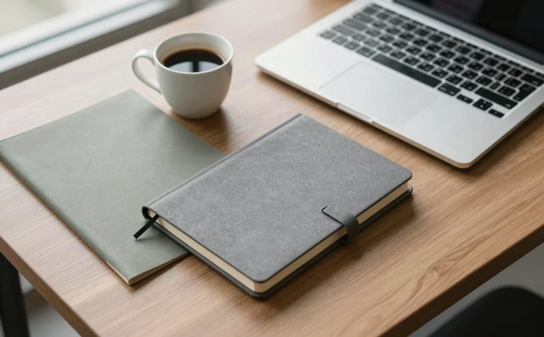 A high-angle photo of a modern office desk featuring a laptop and a stone grey notebook. A cup of coffee rests beside a muted sage folder. The mood is professional and strategic, with natural light coming from a nearby window.