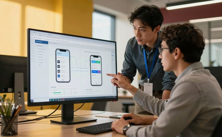 A high-end professional workspace in a North American corporate office. Two experts are discussing a mobile app wireframe on a large monitor. The room is filled with warm morning light, with accents of yellow and reddish brown in the modern decor. Sharp focus, professional photography.
