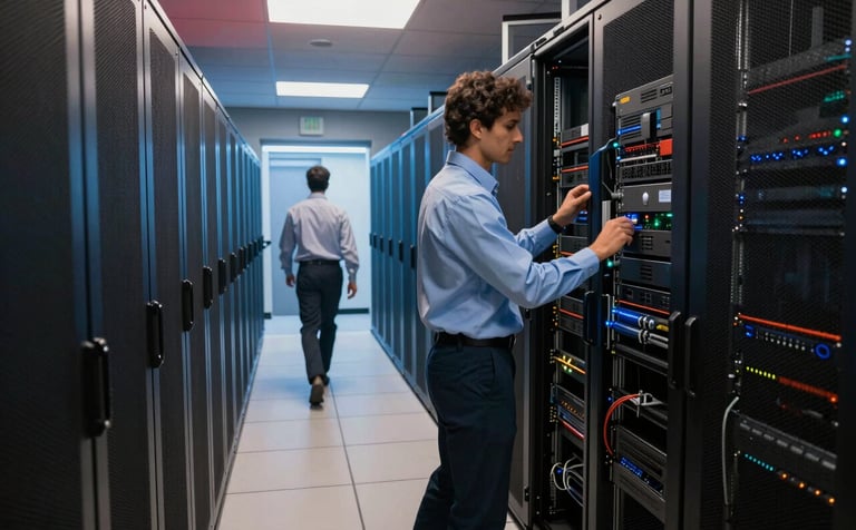 An wide shot of a sleek North American data center hallway with blue and reddish brown lighting. A professional engineer is walking through the aisle checking server racks. Innovative, secure, and modern photography style.