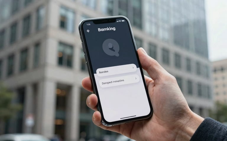 A close-up of a professional in a North American / US city environment holding a latest-model smartphone. The screen shows a sophisticated mobile banking app with a minimalist interface in dark charcoal and cloud white. The background is a soft-focus architectural view of a modern office building during the day.