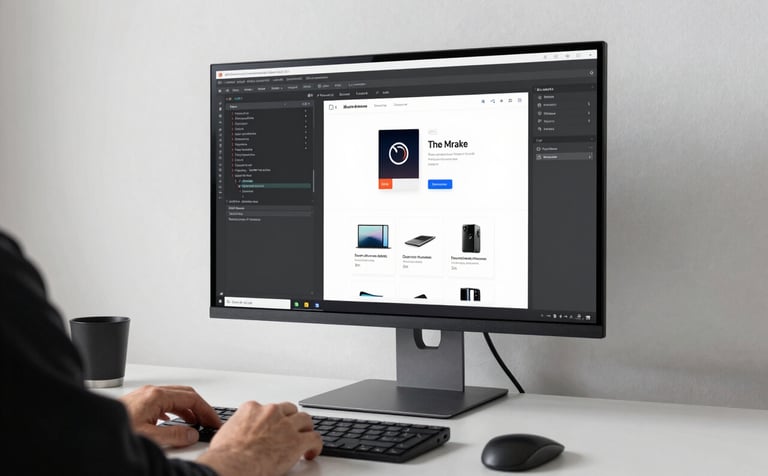 A high-end, minimalist North American / US home office setup featuring a large 5K monitor displaying a clean code editor and a sleek website layout. The lighting is bright and natural, reflecting off cloud white walls. Beside the monitor sits a professional's hand resting on a premium desk. The aesthetic is clean and innovative.