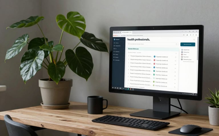 A minimalist home office with natural lighting, a forest green plant, and a sleek monitor showing organic search results for health professionals.