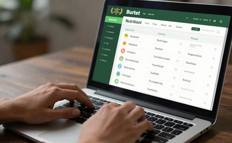 A close-up of a person's hands typing on a laptop with a high-resolution screen showing a clean nutritional dashboard, styled with forest green accents.