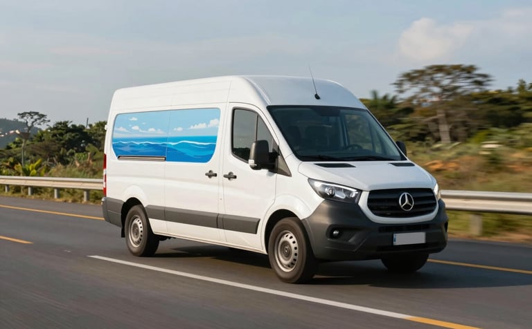 A modern, white delivery van with ocean blue detailing driving along a well-maintained highway in a Brazilian landscape. The lighting is crisp afternoon sun, emphasizing speed and efficiency. The vehicle looks pristine and reliable.