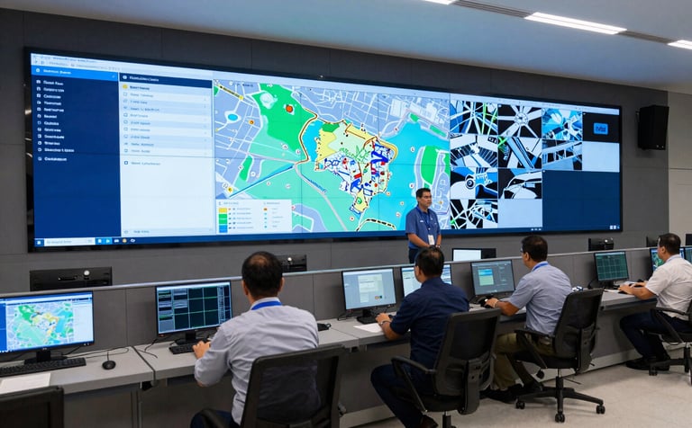 Interior of a high-tech logistics control center in Brazil. Professional staff monitoring digital maps and security feeds on large screens. The environment is clean, dominated by slate blue and navy tones, projecting absolute control and reliability.