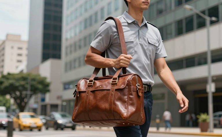 A professional courier wearing a clean, modern uniform, carrying a high-quality leather document bag, walking confidently in a South American / Brazilian business district. Natural bright daylight, focus on the courier's professional demeanor and the secure bag, office buildings in the background.