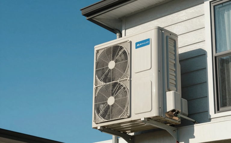 A high-end outdoor air conditioning condenser unit installed neatly against the side of a modern North American / US house. Clear azure blue sky in the background, sharp focus, professional installation quality.