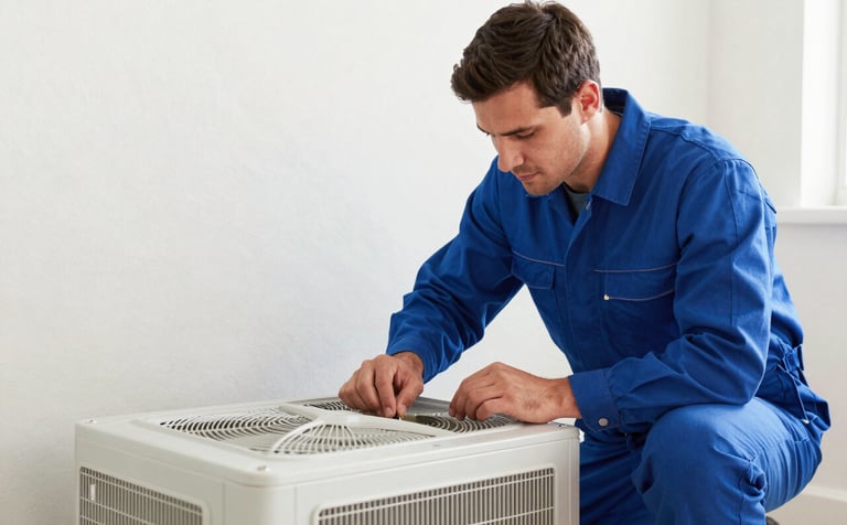 A professional HVAC technician in a clean deep blue uniform performing a maintenance check on a modern indoor furnace unit in a North American / US home. The lighting is bright and clean, conveying trust and efficiency.
