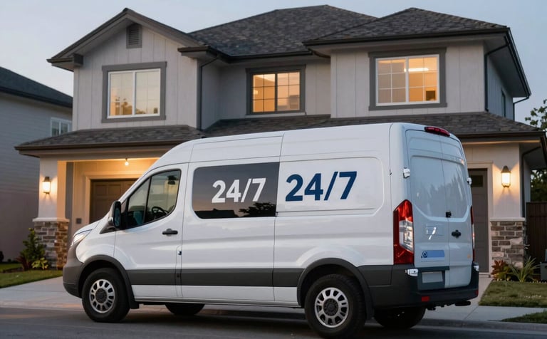 A professional service van with clean branding parked outside a modern North American / US residence during twilight hours. The house and van are lit by soft exterior lighting, emphasizing 24/7 reliability.