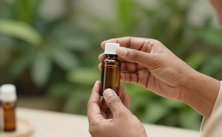 A high-angle close-up of a South Asian / Indian practitioner's hands gently holding a small amber bottle of homeopathic medicine. The setting is bright and professional, with a soft-focus background of a green garden. Colors include deep forest green and light beige.