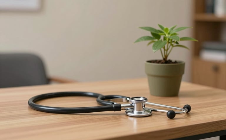 A serene photography shot of a South Asian / Indian consultation room. A clean wooden table holds a professional stethoscope and a small medicinal plant in a muted olive pot. The background is a soft, blurred light beige wall, evoking a sense of calm and trust.