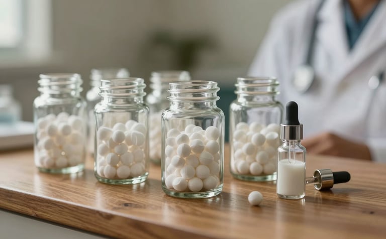 Photography of a professional South Asian / Indian clinic setting. Glass jars of white homeopathic pellets and a small glass dropper bottle are arranged neatly on a polished wooden surface. Soft natural light creates a serene atmosphere with light beige and muted olive tones.