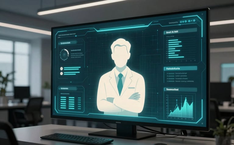 A futuristic digital university environment with a focus on an AI-driven interface. A sleek, sophisticated office setting in dark navy and deep teal tones, with a glowing off-white digital avatar of a professor appearing on a high-tech glass screen. The atmosphere is professional and innovative.