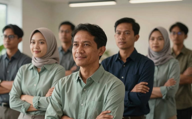 A high-quality portrait of a diverse group of Indonesian adult learners in a modern workspace. They are looking forward with confidence and a sense of empowerment. The lighting is warm and professional, featuring a palette of muted sage and dark navy clothing.