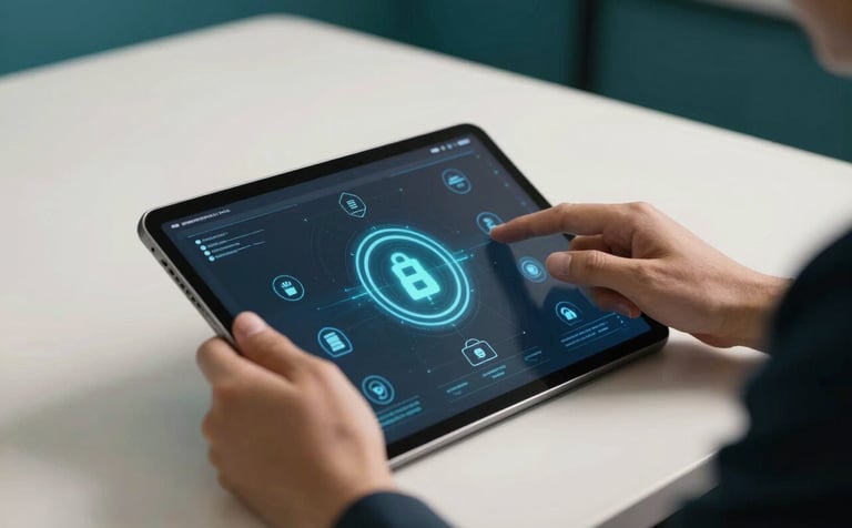 Close-up of a high-tech tablet displaying a secure blockchain interface with digital asset icons. Professional hands are interacting with the screen. The background is a clean, modern off-white office with deep teal accents. Sharp, impactful studio lighting.