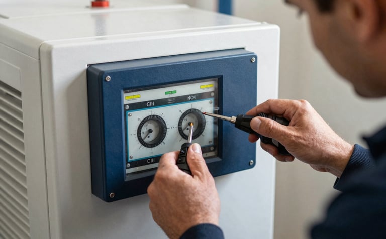 Action shot of professional hands using specialized tools to calibrate a Navy Blue control panel on a large residential heating system. The focus is on the precision of the repair. The lighting highlights the technical details and the clean environment.