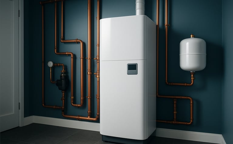 Wide shot of a sleek, white high-efficiency boiler unit being installed in a modern utility room with Steel Blue accents. The setting is clean and organized, featuring Soft Bronze metallic piping. The professional atmosphere emphasizes technical proficiency and high-quality systems.