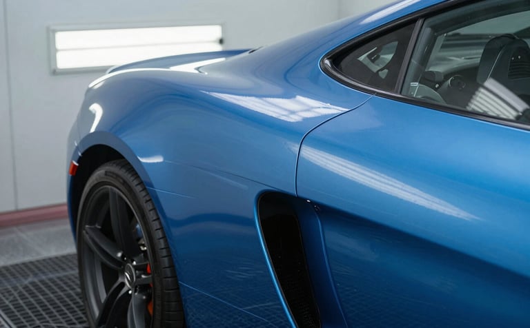 Close-up of a luxury car being spray-painted in a professional North American / US paint booth. The lighting highlights the smooth finish of the steel blue paint.