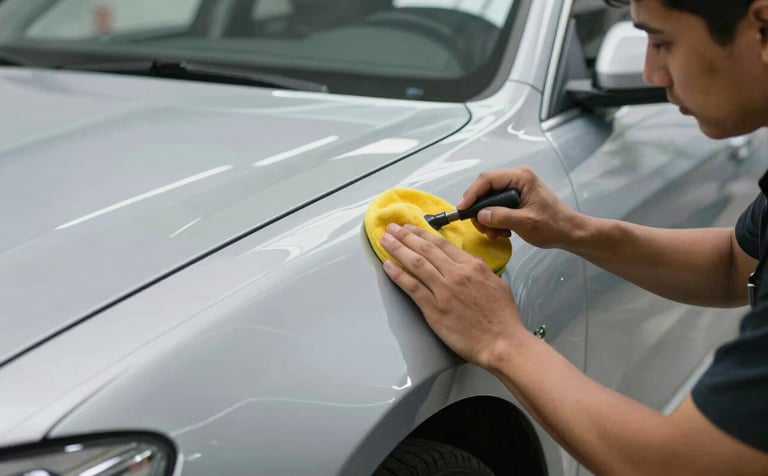 A technician's hands polishing the exterior of a clean, repaired car in a North American / US auto shop. High-gloss reflection, daylight lighting, clean aesthetic.