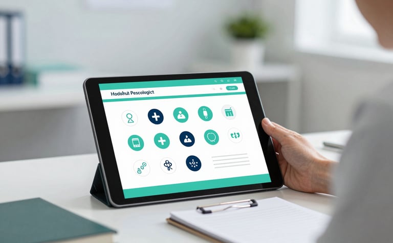 A professional psychologist's workspace featuring a tablet showing health assessment icons and a notepad. The background is a soft-focus clinical office with empathetic vibes. The lighting is bright and reassuring, using brand colors like #A7D9D3 and #2C3E50 for a trustworthy look.