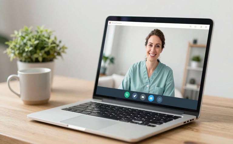 A close-up of a laptop screen displaying a blurry, professional video call interface, set on a clean wooden desk with a small green plant and a warm mug. The lighting is soft and natural, emphasizing a calm and supportive tele-health atmosphere. The color palette incorporates muted teals (#5DA399) and soft whites (#F8FBFB).