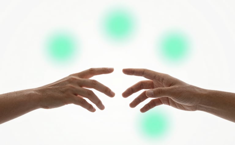A symbolic representation of connection: two stylized hands reaching toward each other in a digital interface, surrounded by soft glowing circles in #A7D9D3 and #5DA399. The background is a clean #F8FBFB white, evoking a sense of community, empathy, and specialized clinical support.