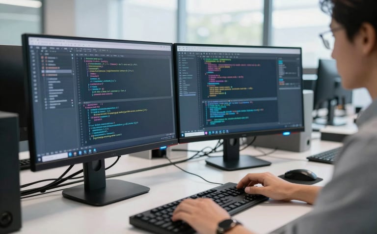 A professional software engineer working in a modern North American / US office environment. The composition shows sleek desktop monitors with lines of code, viewed from a side angle. The color palette includes dark navy and light blue highlights from the hardware LEDs. Bright, natural lighting.