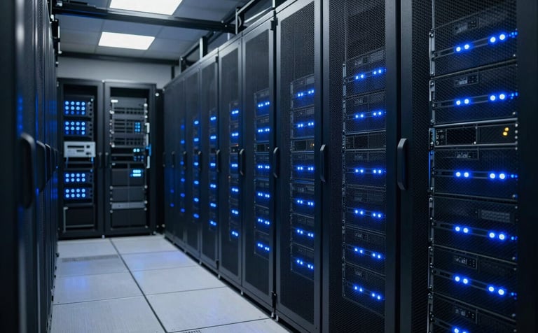 A high-tech server room within a secure North American / US data facility. Rows of server racks with blinking medium blue lights stretch into the distance. The atmosphere is professional and secure, dominated by dark navy tones and metallic textures.