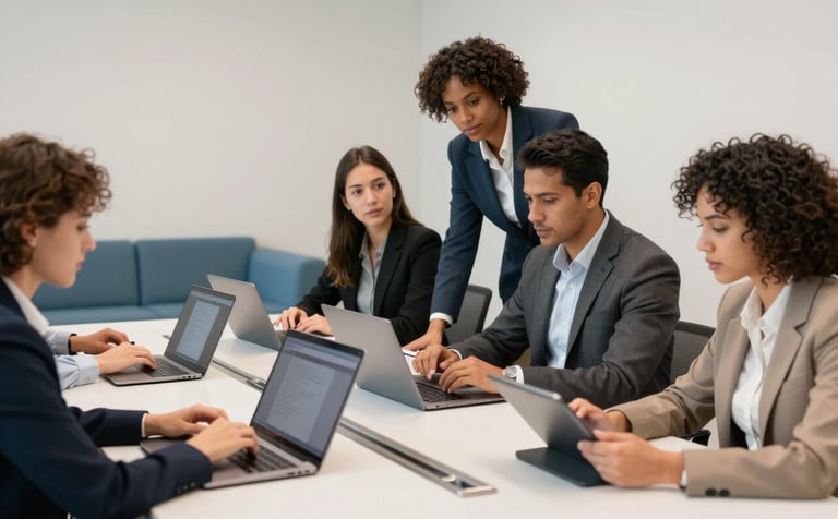 A diverse team of professionals collaborating in a bright, modern North American / US boardroom. They are interacting with sleek laptops and digital tablets. The decor features clean off-white walls and medium blue furniture accents.