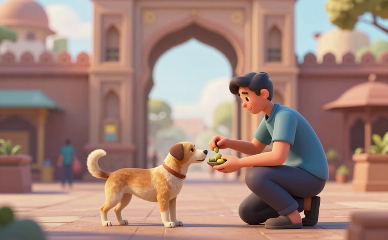A heartwarming 3D illustration of a person feeding street dogs near a stylized Varanasi archway. The scene is bathed in warm golden-hour light. The art style is empathetic and modern, using #4F6C5B and #9BB4A6 tones to create a hopeful atmosphere for street animal welfare.