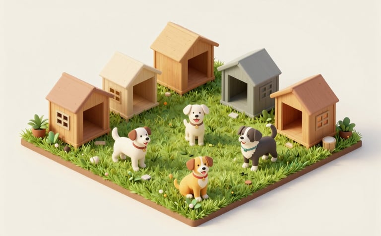 A compassionate 3D isometric illustration of a peaceful animal shelter sanctuary in Varanasi. The scene features soft-textured green grass using #4F6C5B, cozy modern wooden shelters, and happy 3D rendered dogs. Warm, hopeful lighting illuminates the scene, incorporating a palette of #9BB4A6 and #F8F9F3. High-quality 3D render style, clean and modern.